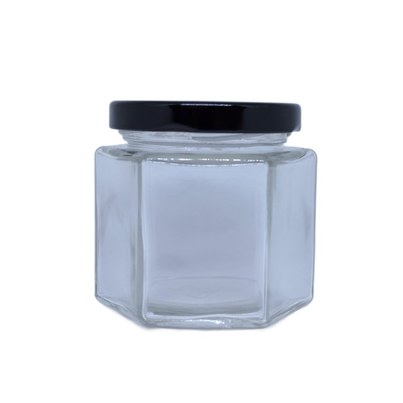 Stiklainis 120ml šešiakampis su juodu dangteliu