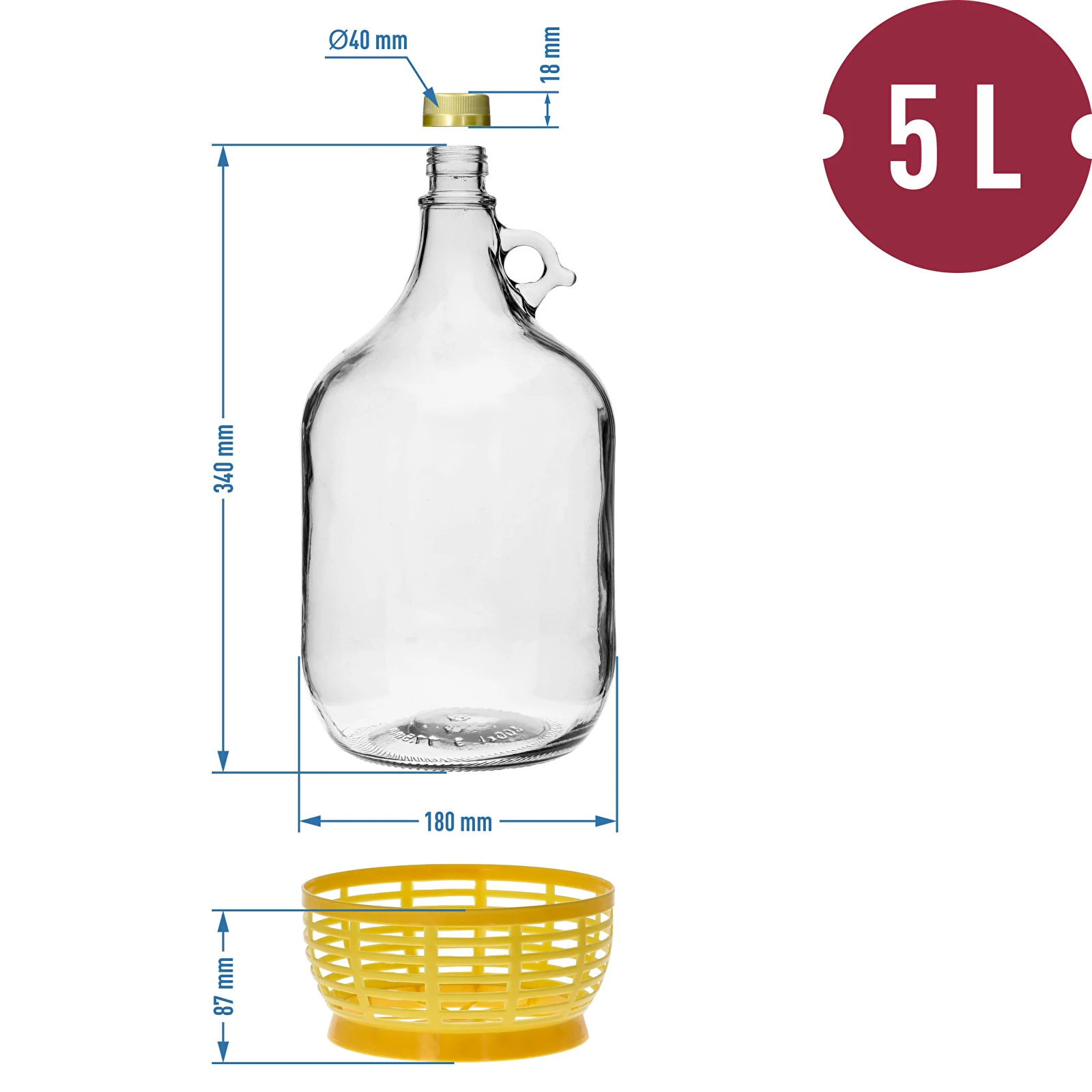Lady Demijohn 5 L su užsukamu dangteliu, su plastikiniu krepšeliu - Image 4