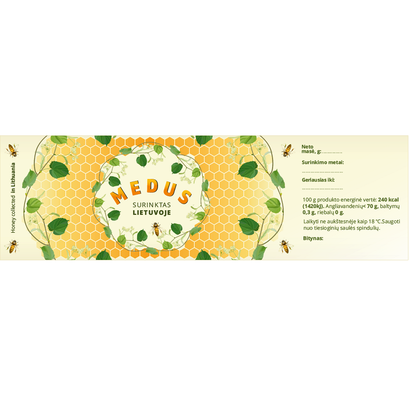 Lipni medaus etiketė „Liepų žiedai“ (100 vnt, 180×55 mm)