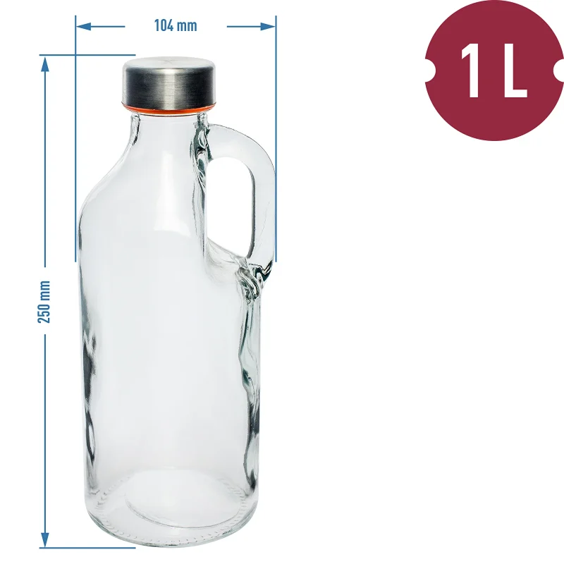 Stiklinis butelis 1L su užsukamu dangteliu ir rankenėle